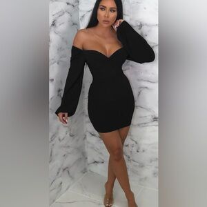 Chic Long Sleeve Black Dress Black slinky Balloon sleeve Bardot  mini  -Meghan